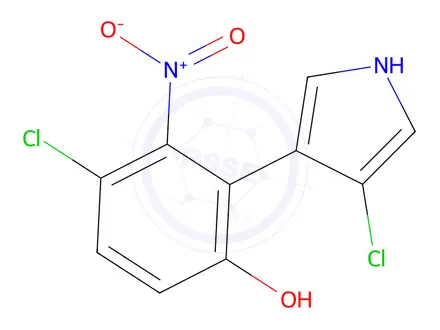 Chemical structure of 4-Chloro-2-(4-chloro-1H-pyrrol-3-yl)-3-nitrophenol