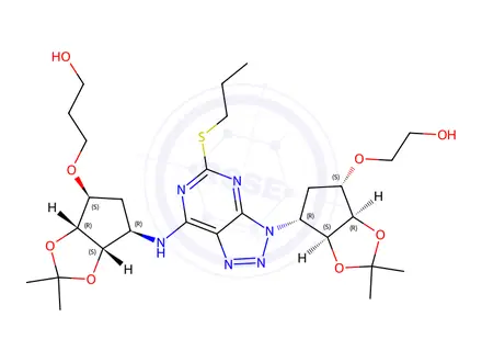 Chemical structure of 3-(((3aR,4S,6R,6aS)-6-((3-((3aS,4R,6S,6aR)-6-(2-hydroxyethoxy)-2,2-dimethyltetrahydro-3aH-cyclopenta[d][1,3]dioxol-4-yl)-5-(propylthio)-3H-[1,2,3]triazolo[4,5-d]pyrimidin-7-yl)amino)-2,2-dimethyltetrahydro-3aH-cyclopenta[d][1,3]dioxol-4-yl)oxy)propan-1-ol