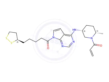 Chemical structure of 1-(4-(((3R,6S)-1-acryloyl-6-methylpiperidin-3-yl)amino)-7H-pyrrolo[2,3-d]pyrimidin-7-yl)-5-((R)-1,2-dithiolan-3-yl)pentan-1-one