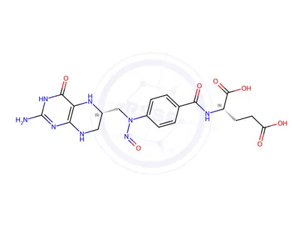 Chemical structure of (S)-2-(4-((((S)-2-amino-4-oxo-3,4,5,6,7,8-hexahydropteridin-6-yl)methyl)(nitroso)amino)benzamido)pentanedioic acid