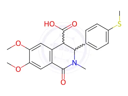 Chemical structure of 6,7-Dimethoxy-2-methyl-3-[4-(methylthio)phenyl]-1-oxo-1,2,3,4-tetrahydroisoquinoline-4-carboxylic acid