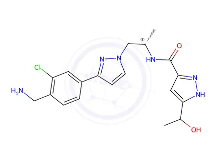 Chemical structure of N-((S)-1-(3-(4-(aminomethyl)-3-chlorophenyl)-1H-pyrazol-1-yl)propan-2-yl)-5-(1-hydroxyethyl)-1H-pyrazole-3-carboxamide