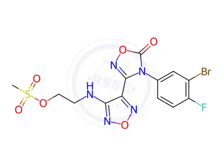 Chemical structure of 1,2,4-Oxadiazol-5-one, 4-(3-bromo-4-fluorophenyl)-4,5-dihydro-3-[4-[[2-[(methylsulfonyl)oxy]ethyl]amino]-1,2,5-oxadiazol-3-yl]-