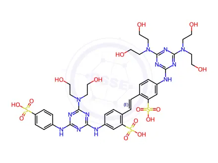 Chemical structure of Benzenesulfonic acid, 2-[2-[4-[[4,6-bis[bis(2-hydroxyethyl)amino]-1,3,5-triazin-2-yl]amino]-2-sulfophenyl]ethenyl]-5-[[4-[bis(2-hydroxyethyl)amino]-6-[(4-sulfophenyl)amino]-1,3,5-triazin-2-yl]amino]-, potassium sodium salt, compd. with 2,2'