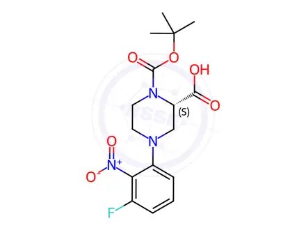 Chemical structure of (S)-4-(3-Fluoro-2-nitrophenyl)-1-(tert-butoxy-carbonyl)piperazine-2-carboxylic acid