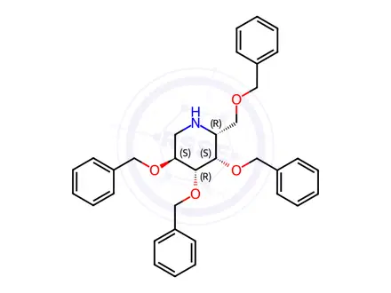 Chemical structure of (2R,3S,4R,5S)-3,4,5-tris(benzyloxy)-2-((benzyloxy)methyl)piperidine