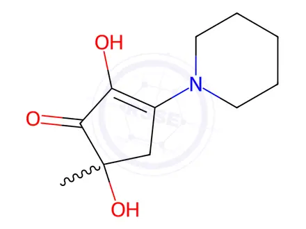 Chemical structure of 2,5-dihydroxy-5-methyl-3-piperidinocyclopent-2-en-1-one