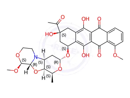 Chemical structure of 5,12-Naphthacenedione, 8-acetyl-7,8,9,10-tetrahydro-6,8,11-trihydroxy-1-methoxy-10-[[(1S,3R,4aS,9S,9aR,10aS)-octahydro-9-methoxy-1-methyl-1H-pyrano[4',3':4,5]oxazolo[2,3-c][1,4]oxazin-3-yl]oxy]-, (8S,10S)-