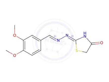 Chemical structure of (Z)-2-(((E)-3,4-dimethoxybenzylidene)hydrazono)thiazolidin-4-one