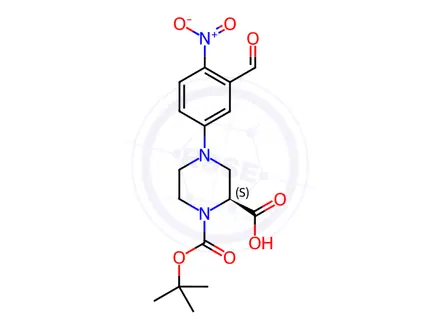 Chemical structure of (S)-1-(tert-Butoxycarbonyl)-4-(3-formyl-4-nitrophenyl)piperazine-2-carboxylic acid