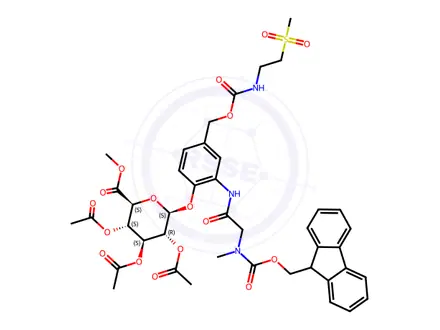 Chemical structure of (2S,3R,4S,5S,6S)-2-(2-(2-((((9H-Fluoren-9-yl)methoxy)carbonyl)(methyl)amino)acetamido)-4-((((2-(methylsulfonyl)ethyl)carbamoyl)oxy)methyl)phenoxy)-6-(methoxycarbonyl)tetrahydro-2H-pyran-3,4,5-triyl triacetate