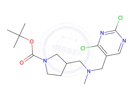 Chemical structure of tert-butyl 3-((((2,4-dichloropyrimidin-5-yl)methyl)(methyl)amino)methyl)pyrrolidine-1-carboxylate
