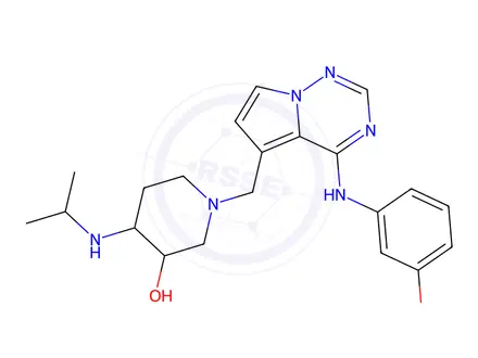 Chemical structure of (3R,4R)-4-Isopropylamino-1-[4-(3-methoxy-phenylamino)-pyrrolo[2,1-f][1,2,4]triazin-5-ylmethyl]-piperidin-3-ol