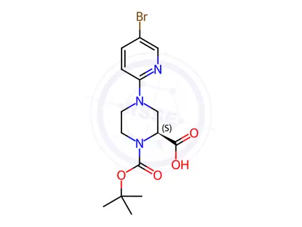 Chemical structure of (S)-4-(5-Bromopyridin-2-yl)-1-(tert-butoxycarbonyl)-piperazine-2-carboxylic acid