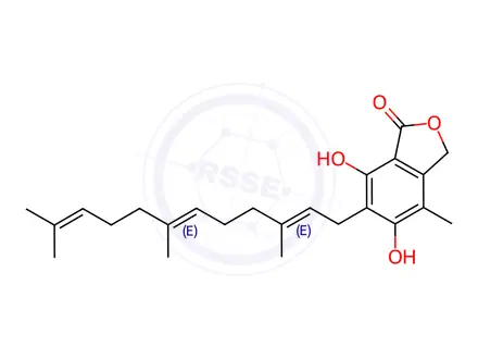 Chemical structure of 5,7-dihydroxy-4-methyl-6-((2E,6E)-3,7,11-trimethyldodeca-2,6,10-trien-1-yl)isobenzofuran-1(3H)-one