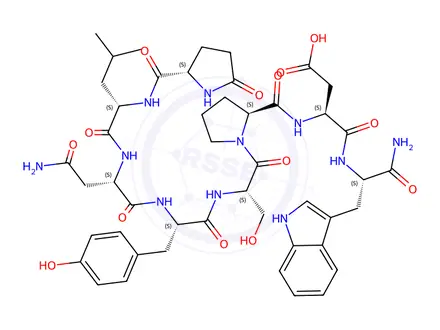Chemical structure of (3S)-3-[[(1S)-1-carbamoyl-2-(1H-indol-3-yl)ethyl]carbamoyl]-3-[[(2S)-1-[(2S)-2-[[(2S)-2-[[(2S)-3-carbamoyl-2-[[(2S)-4-methyl-2-[[(2S)-5-oxop yrrolidine-2-carbonyl]amino]pentanoyl]amino]propanoyl]amino]-3-(4-hydr oxyphenyl)propanoyl]amino]-3-hydroxy-propanoyl]pyrrolidine-2-carbonyl] amino]propanoic acid