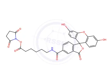 Chemical structure of 6-(Fluorescein-5-carboxamido)hexanoic Acid Succinimidyl Ester