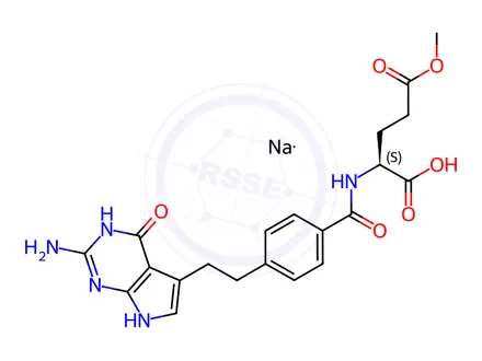 Chemical structure of Sodium (S)-2-(4-(2-(2-amino-4-oxo-4,7-dihydro-1H-pyrrolo[2,3-d]pyrimidin-5-yl)ethyl)benzamido)-5-methoxy-5-oxopentanoate