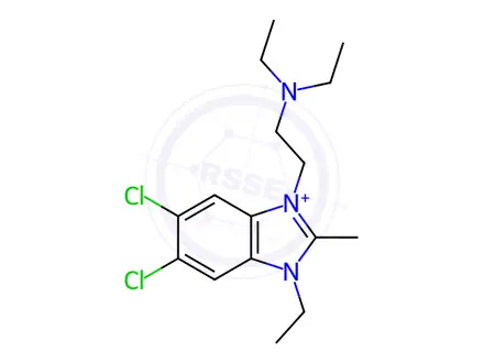 Chemical structure of 5,6-dichloro-3-[2-(diethylamino)ethyl]-1-ethyl-2-methylbenzimidazolium chloride monohydrochloride