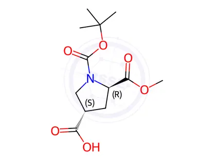 Chemical structure of (3S,5R)-1-(tert-butoxycarbonyl)-5-(methoxycarbonyl)pyrrolidine-3-carboxylic acid