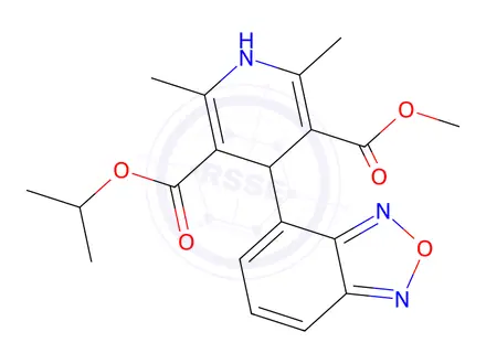 Chemical structure of propan-2-yl methyl 2,6-dimethyl-4-(8-oxa-7,9-diazabicyclo[4.3.0]nona-2,4,6,9-tetraen-2-yl)-1,4-dihydropyridine-3,5-dicarboxylate