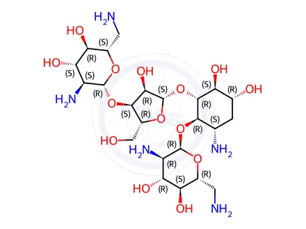 Chemical structure of 4-O-(2,6-Diamino-2,6-dideoxy-α-D-glucopyranosyl)-5-O-[3-O-(2,6-diamino-2,6-dideoxy-α-D-glucopyranosyl)-β-D-ribofuranosyl]-3-amino-2,3-dideoxy-D-myo-inositol
