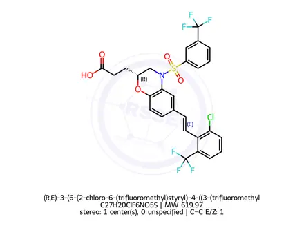 Chemical structure of (R,E)-3-(6-(2-chloro-6-(trifluoromethyl)styryl)-4-((3-(trifluoromethyl)phenyl)sulfonyl)-3,4-dihydro-2H-benzo[b][1,4]oxazin-2-yl)propanoic acid