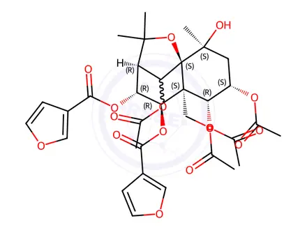 Chemical structure of 3-Furancarboxylic acid, 3,3'-[(3R,4R,5R,5aS,6R,7S,9S,9aS,10R)-6,7,10-tris(acetyloxy)-5a-[(acetyloxy)methyl]-9-hydroxy-2,2,9-trimethyl-2H-3,9a-methano-1-benzoxepin-4,5-diyl] ester