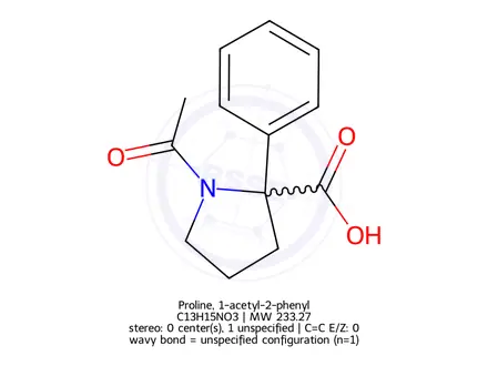 Chemical structure of Proline, 1-acetyl-2-phenyl-
