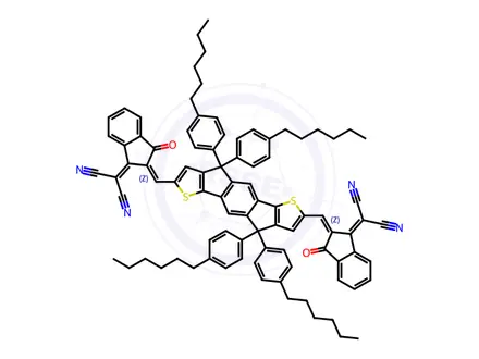 Chemical structure of 2,2'-((2Z,2'Z)-((4,4,9,9-tetrakis(4-hexylphenyl)-4,9-dihydro-s-indaceno[1,2-b:5,6-b']dithiophene-2,7-diyl)bis(methanylylidene))bis(3-oxo-2,3-dihydro-1H-indene-2,1-diylidene))dimalononitrile