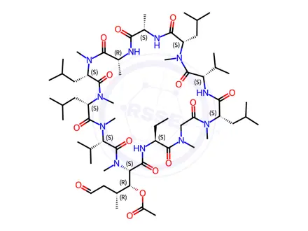 Chemical structure of 6-[(3R,4R)-3-(Acetyloxy)-N,4-dimethyl-6-oxo-L-norleucine] Cyclosporin A