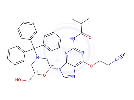 Chemical structure of N-(9-((2R,6S)-6-(Hydroxymethyl)-4-tritylmorpholin-2-yl)-6-(2-isocyanoethoxy)-9H-purin-2-yl)isobutyramide