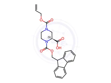 Chemical structure of (2S)-1-[(9H-Fluoren-9-ylmethoxy)carbonyl]-4-[(allyl-oxy)carbonyl]piperazine-2-carboxylic acid