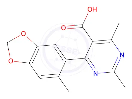 Chemical structure of 2,4-Dimethyl-6-(6-methylbenzo[d][1,3]dioxol-5-yl)pyrimidine-5-carboxylic acid
