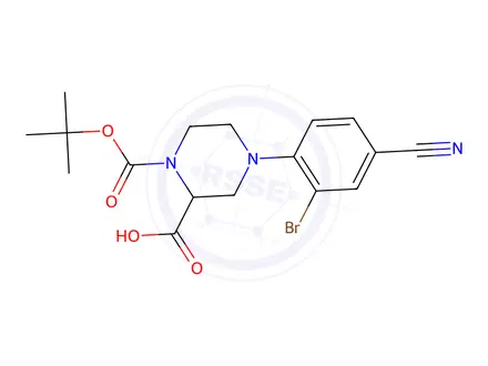 Chemical structure of (S)-4-(2-Bromo-4-cyanophenyl)-1-(tert-butoxy-carbonyl)piperazine-2-carboxylic acid