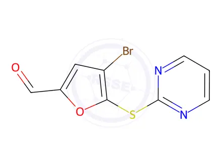 Chemical structure of 4-Bromo-5-(pyrimidin-2-ylthio)furan-2-carbaldehyde