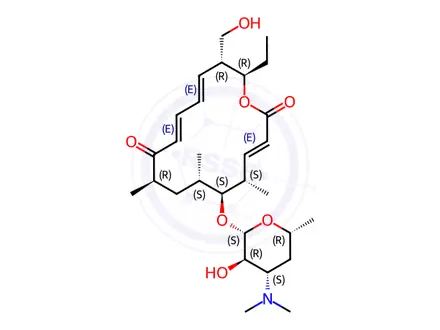 Chemical structure of 21-O-De(6-deoxy-2-O,3-O-dimethyl-β-D-allopyranosyl)-12,13-didehydro-12,12-O-seco-13-deoxymycinamicin I