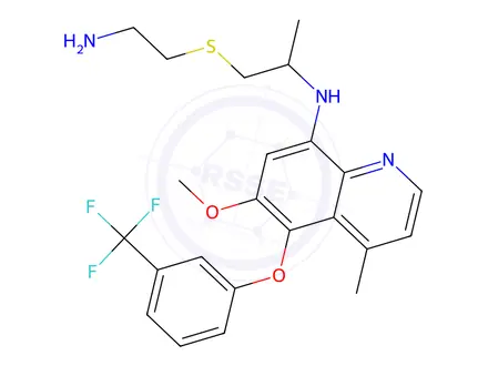 Chemical structure of N-(1-((2-Aminoethyl)thio)propan-2-yl)-6-methoxy-4-methyl-5-(3-(trifluoromethyl)phenoxy)quinolin-8-amine