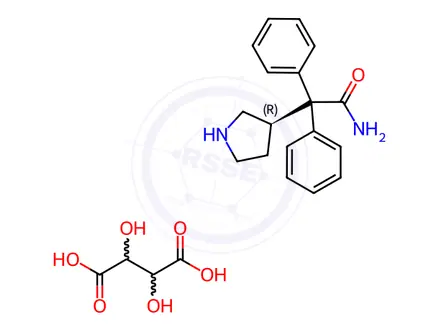 Chemical structure of (R)-2,2-diphenyl-2-(pyrrolidin-3-yl)acetamide 2,3-dihydroxysuccinate