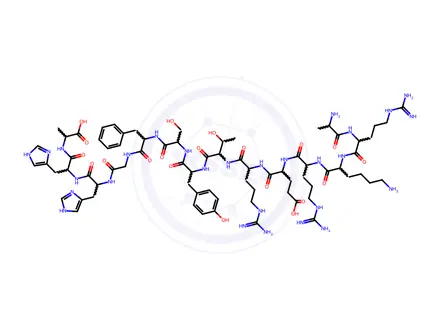 Chemical structure of (2S,5S,8S,14S,17S,20S,23S,26S,29S)-5,8-Bis((1H-imidazol-4-yl)methyl)-29-((S)-2-((S)-6-amino-2-((S)-2-((S)-2-aminopropanamido)-5-guanidinopentanamido)hexanamido)-5-guanidinopentanamido)-14-benzyl-26-(3-guanidinopropyl)-20-(4-hydroxybenzyl)-23-((R)-1-hydroxyethyl)-17-(hydroxymethyl)-2-methyl-4,7,10,13,16,19,22,25,28-nonaoxo-3,6,9,12,15,18,21,24,27-nonaazadotriacontanedioic Acid