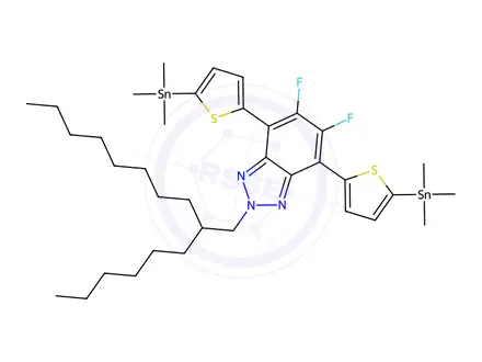 Chemical structure of 5,6-Difluoro-2-(2-hexyldecyl)-4,7-bis(5-(trimethylstannyl)thiophen-2-yl)-2H-benzo[d][1,2,3]triazole