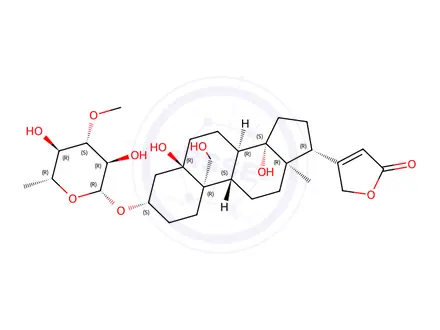 Chemical structure of 3β-[(3-O-Methyl-6-deoxy-β-D-glucopyranosyl)oxy]-5,14,19-trihydroxy-5β-card-20(22)-enolide