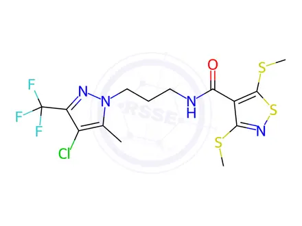 Chemical structure of N-[3-[4-chloro-5-methyl-3-(trifluoromethyl)pyrazol-1-yl]propyl]-3,5-bis(methylsulfanyl)-1,2-thiazole-4-carboxamide
