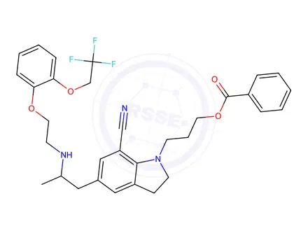 Chemical structure of 3-(7-Cyano-5-(2-((2-(2-(2,2,2-trifluoroethoxy)phenoxy)ethyl)amino)propyl)indolin-1-yl)propyl benzoate