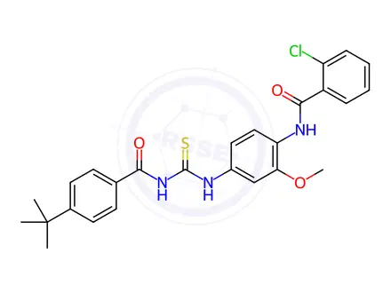 Chemical structure of N-(4-(3-(4-(tert-butyl)benzoyl)thioureido)-2-methoxyphenyl)-2-chlorobenzamide