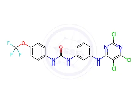 Chemical structure of N-{3-[(2,5,6-trichloropyrimidin-4-yl)amino]phenyl}-N'-[4-(trifluoromethoxy)phenyl]urea