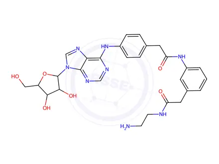 Chemical structure of N-(2-Aminoethyl)-2-(4-(2-(4-((9-((2R,3R,4S,5R)-3,4-dihydroxy-5-(hydroxymethyl)tetrahydrofuran-2-yl)-9H-purin-6-yl)amino)phenyl)acetamido)phenyl)acetamide