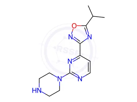Chemical structure of 4-(5-Isopropyl-1,2,4-oxadiazol-3-yl)-2-piperazin-1-ylpyrimidine dihydrochloride