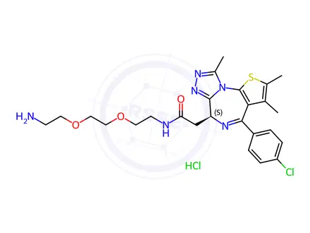 Chemical structure of (S)-N-(2-(2-(2-aminoethoxy)ethoxy)ethyl)-2-(4-(4-chlorophenyl)-2,3,9-trimethyl-6H-thieno[3,2-f][1,2,4]triazolo[4,3-a][1,4]diazepin-6-yl)acetamide hydrochloride