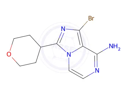 Chemical structure of 1-bromo-3-(tetrahydro-2H-pyran-4-yl)imidazo[1,5-a]pyrazin-8-amine